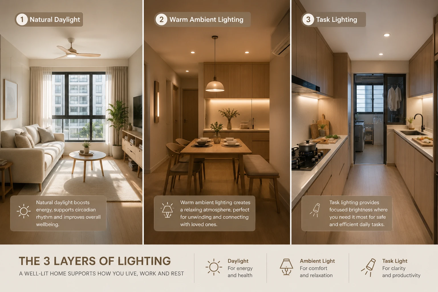 Layered lighting explainer for warm Japandi Singapore HDB renovation